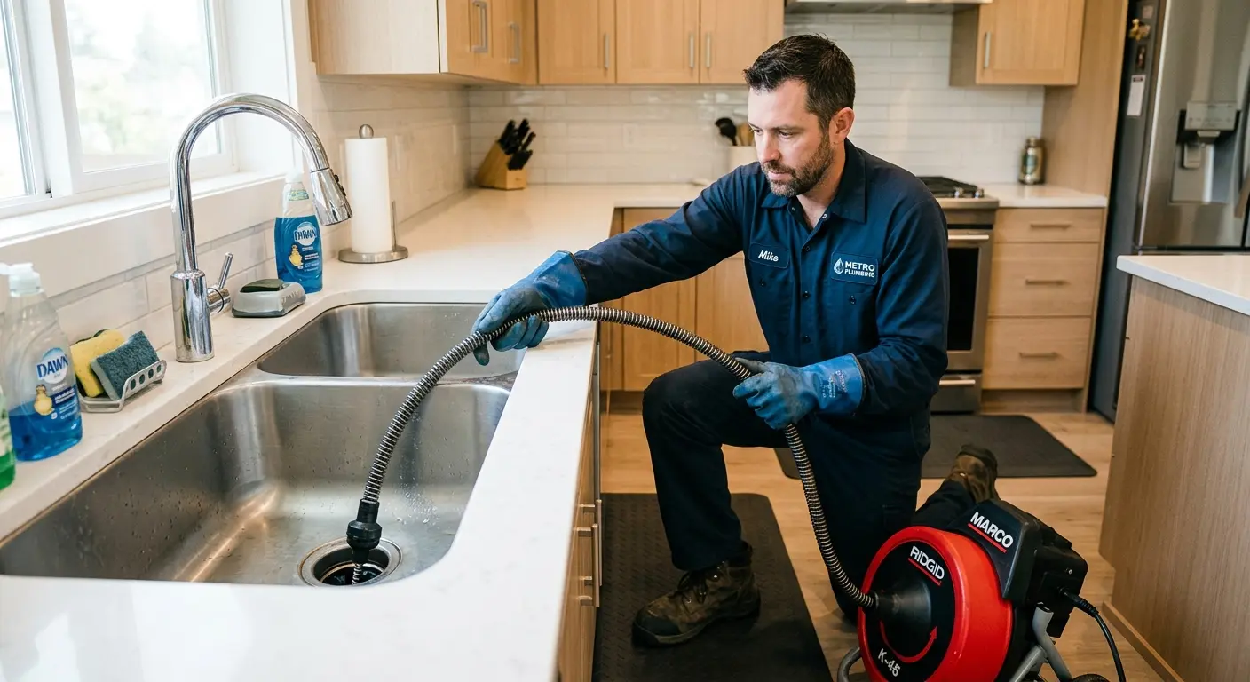 Drain cleaning technician using a motorized snake on a kitchen sink in Pendleton