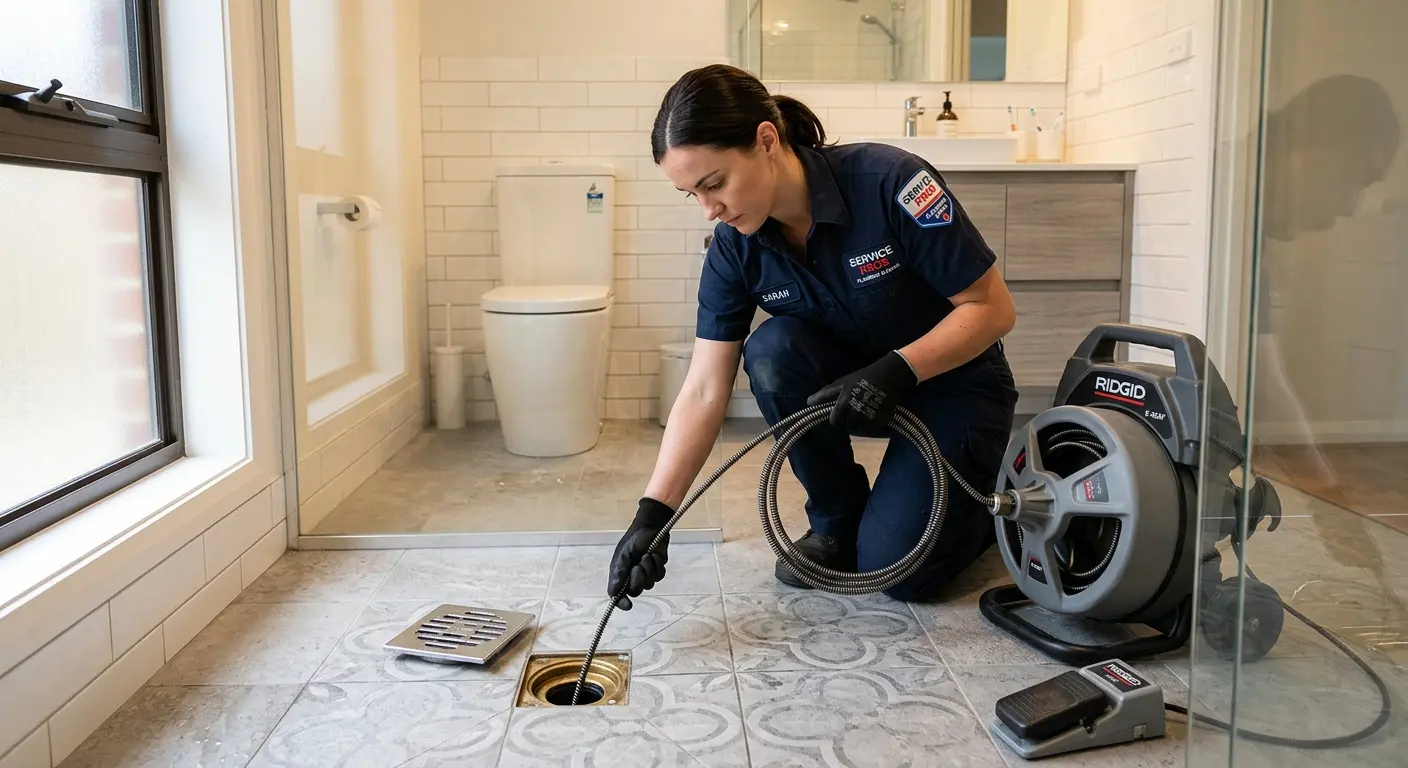 Technician clearing a bathroom floor drain for Clogged Drain Repair in Pendleton
